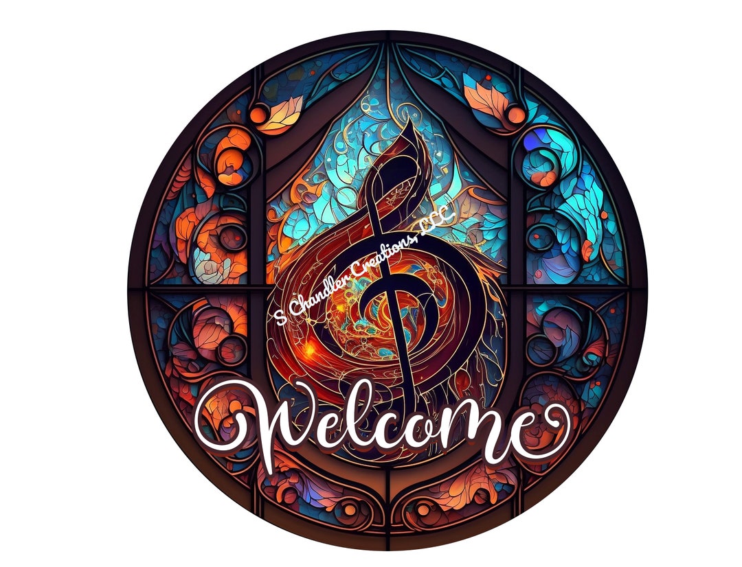 Welcome Musical Notes Faux Stained Glass Welcome Musical Note Wreath Sign, Wreath Sign, Signs ...