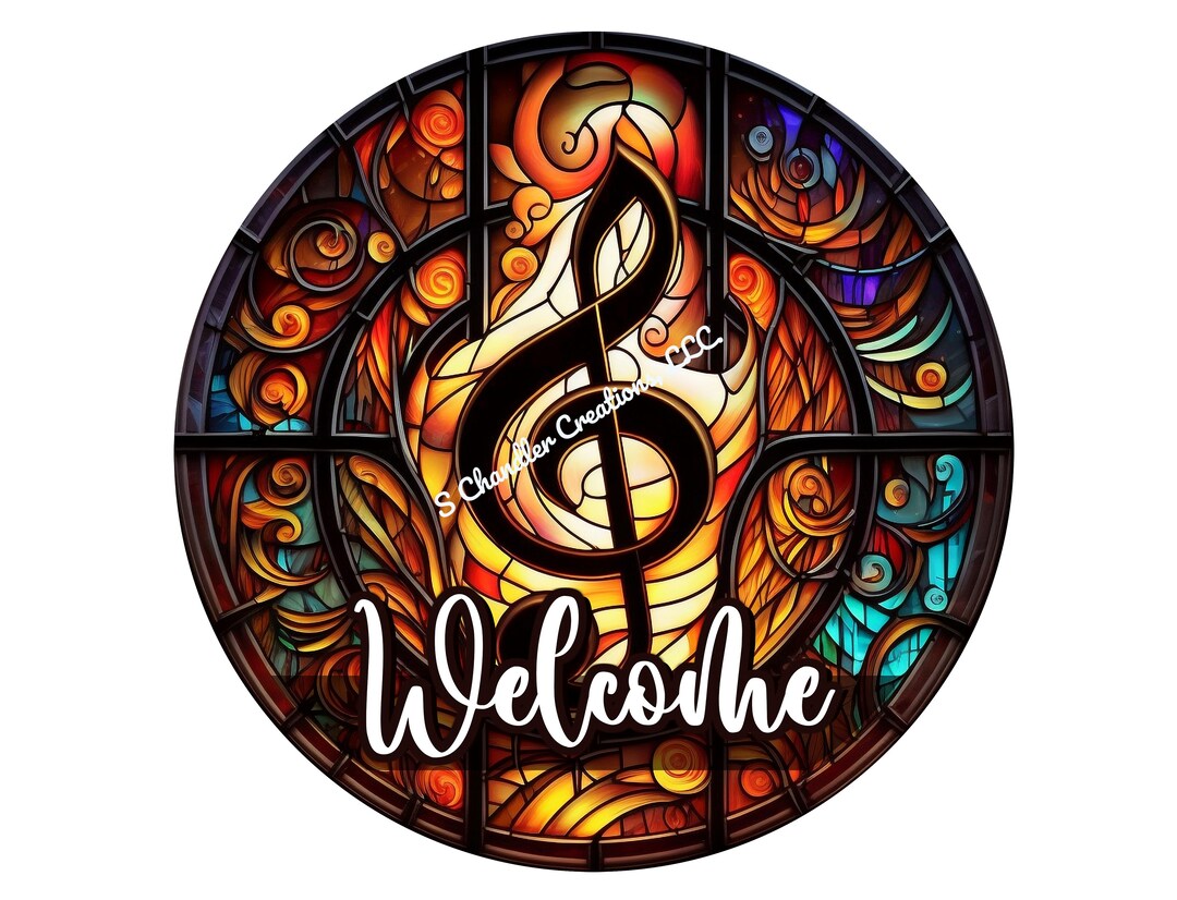 Faux Stained Glass Welcome Musical Note Wreath Sign, Wreath Sign, Signs ...