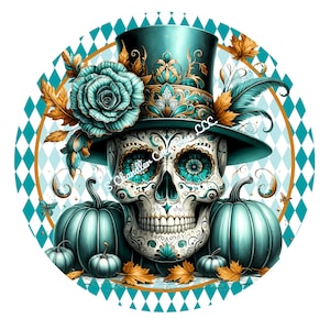 Halloween Sugar Skull Wreath Sign, Halloween Wreath Sign, Day of the Dead Wreath Signs, Metal Wreath Sign, Round Wreath Sign, Pumpkins