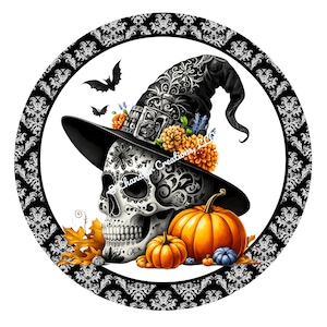 Halloween Sugar Skull Wreath Sign, Halloween Wreath Sign, Day of the Dead Wreath Signs, Metal Wreath Sign, Round Wreath Sign, Pumpkins