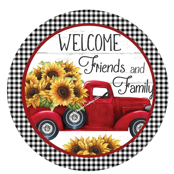 Welcome Family and Friends Wreath Sign,Metal Sign,Summer Sign,Red Truck Wreath Sign, Signs for Wreaths, Round Wreath Sign