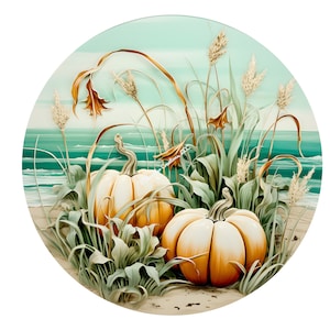 Pumpkin Wreath Sign,Autumn Wreath Sign,Fall Wreath Sign,Round Wreath Sign,Metal Wreath Sign,Signs for Wreaths, Fall Beach Wreath Sign