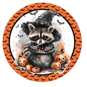 Halloween Racoon Wreath Sign, Halloween Wreath Sign, Metal Wreath Sign, Round Wreath Sign, Sign for Wreaths, Sublimation Sign