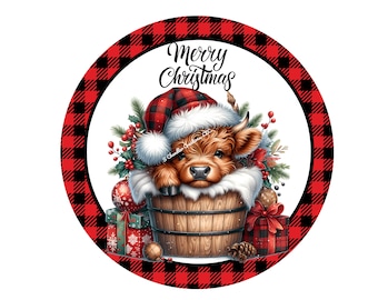 Merry Christmas Highland Cow Metal Wreath Sign