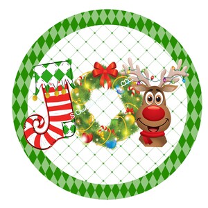 May include: A green and white circle with a diamond pattern border. Inside the circle is a red and white striped stocking, a green wreath with red and gold ornaments, and a cartoon reindeer with a red nose and a red scarf. The text "JOY" is written in the center of the circle.