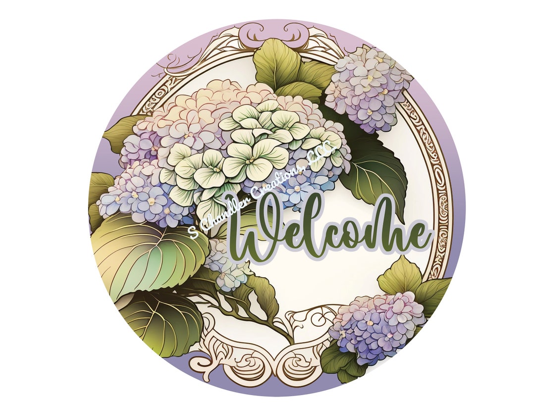 Round Faux Stained Glass Hydrangea Wreath Sign, Floral Wreath Sign, S ...