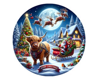 Highland Cow and Santa Sleigh Wreath Sign, Christmas Highland Cow, Christmas Wreath Sign, Metal Wreath Sign, Round Wreath Sign
