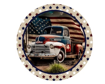 May include: A vintage red, white, and blue pickup truck with a weathered paint job, parked in front of an American flag. The truck has a "USA" sticker on the front bumper. The image is framed with a circle of alternating white and navy blue stars.
