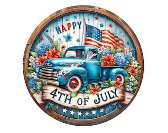 May include: A blue vintage pickup truck with a red, white, and blue American flag in the back. The truck is surrounded by flowers and the words "Happy 4th of July" are written on a banner.