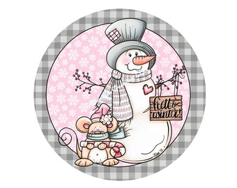 Hello Winter Wreath Sign,Christmas Wreath Sign,Snowman Wreath Sign,Metal Wreath Sign,Round Wreath Sign,Signs for Wreaths,Wreath Signs