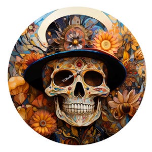 Halloween Sugar Skull Wreath Sign, Halloween Wreath Sign, Day of the Dead Wreath Signs, Metal Wreath Sign, Round Wreath Sign