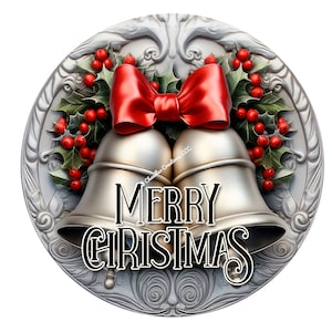 Merry Christmas Silver Bells Wreath Sign, Metal Wreath Sign,Signs for Wreath,Christmas Wreath Signs, Round Wreath Sign, Wreath Signs