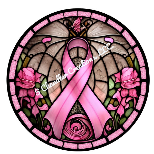 Faux Stained Glass Breast Cancer Ribbon Wreath Sign, Breast Cancer Awareness Wreath Sign,Breast Cancer Ribbon,Metal Wreath Sign,Wreath Signs