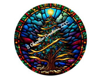 Faux Stained Glass Christmas Tree Wreath Sign,Metal Wreath Sign,Round Wreath Signs,Signs for Wreaths, Christmas Wreath Sign