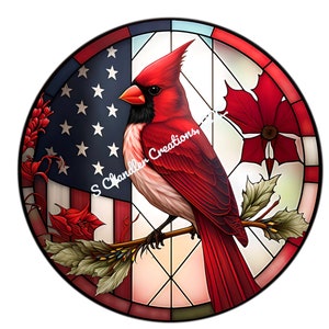 Round Faux Stained Glass Patriotic Cardinal Wreath Sign, Patriotic Wreath Sign, Wreath Signs, Signs for Wreaths, Metal Wreath Sign