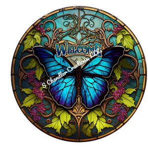 Faux Stained Glass Welcome Butterfly Wreath Sign, Butterfly Wreath Sign, Welcome Wreath sign,Metal Wreath Sign,Signs for Wreaths