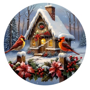 May include: A round winter scene features a snow-covered cabin with a wreath and berries, flanked by two red cardinals perched on fence posts. Red poinsettias and holly decorate the fence. The background shows a snowy forest.