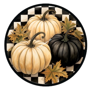 Black and White Pumpkin Wreath Sign: Fall Decor, Aluminum Round Sign