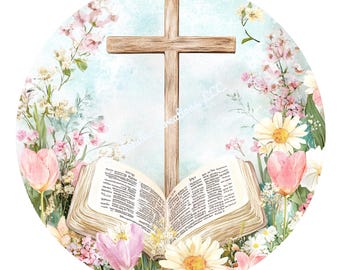 Easter Wreath Sign, Cross & Bible Wreath Sign, Religious Wreath Sign, Round Wreath Sign, Metal Wreath Sign, Door Decor, Sign for Wreaths