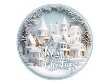White Victorian House Wreath Sign,Christmas Wreath Sign,Round Wreath Sign,Signs for Wreaths, Metal Wreath Sign, Sublimation Wreath Sign