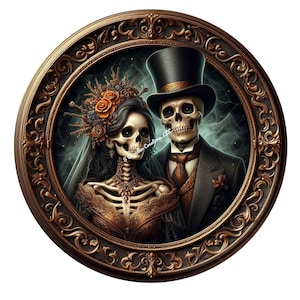 Skeleton Couple Wreath Sign, Halloween Wreath Sign, Metal Wreath Sign, Round Wreath Sign, Sign for Wreaths, Wreath Signs
