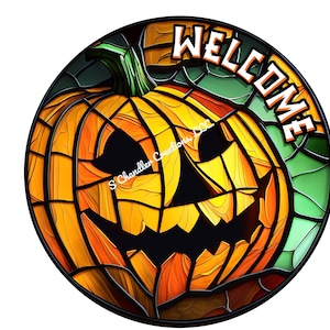 Faux Stained Glass Pumpkin Wreath sign, Halloween Wreath Sign, Jack O Lantern Wreath Sign, Metal Wreath Sign, Signs for Wreaths, Wreath Sign
