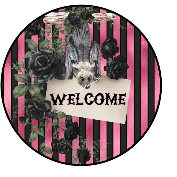 Welcome Bat Wreath sign,Bat Wreath Sign,Halloween Wreath Sign,Black and Pink,Wreath Sign,Wreath attachment,,Door Hanger