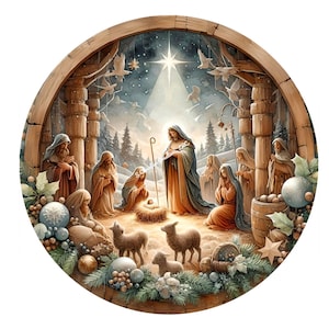 May include: A circular painting depicting the Nativity scene with a star shining above a manger with a baby Jesus.  The painting features a wooden frame and a variety of figures including Mary, Joseph, and the three wise men.  The painting is surrounded by a wreath of greenery and ornaments.