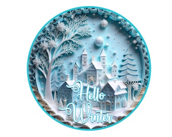 Hello Winter Wreath Sign,3D Christmas Village Wreath Sign,Christmas Wreath Sign,Round Wreath Sign,Signs for Wreaths, Metal Wreath Sign