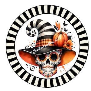 Halloween Sugar Skull Wreath Sign, Halloween Wreath Sign, Day of the Dead Wreath Signs, Metal Wreath Sign, Round Wreath Sign, Pumpkins