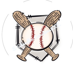 May include: A baseball with red stitching is centered in a black and white illustration of a baseball diamond with two crossed bats.