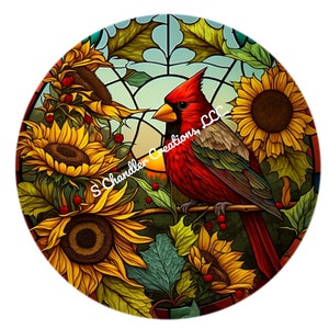 Faux Stained Glass Cardinal Wreath Sign, Red Cardinal and Sunflowers Wreath Sign, Wreaths Signs, Signs for Wreaths, Metal Wreath Sign