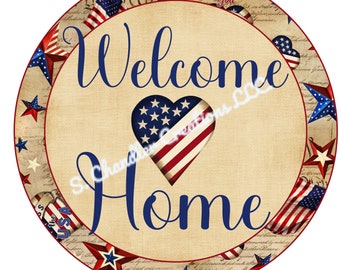Welcome Home Wreath Sign,Patriotic Wreath Sign,4th of July Wreath Sign,Metal Wreath Sign,Round Wreath Sign,Signs for Wreaths