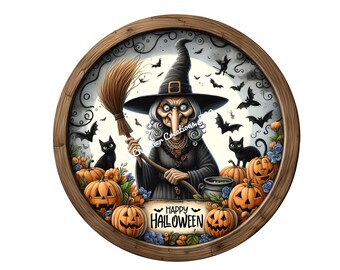 May include: A round wooden frame with a witch holding a broom, surrounded by pumpkins, black cats, and bats. The text "Happy Halloween" is written on a banner in the center of the frame.