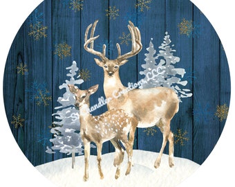 May include: A watercolor painting of a mother and baby deer standing in a snowy forest. The background is a blue wooden plank wall with gold snowflakes.