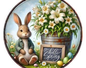 Hello Spring Wreath Sign, Easter Bunny Wreath Sign, Metal Wreath Sign, Round Wreath Sign, Sign for Wreaths, Wreath Signs, Bunny Sign