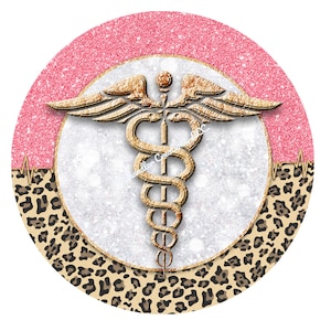 May include: A round sticker with a gold medical symbol on a white background. The background is surrounded by a pink glitter border and a leopard print border.