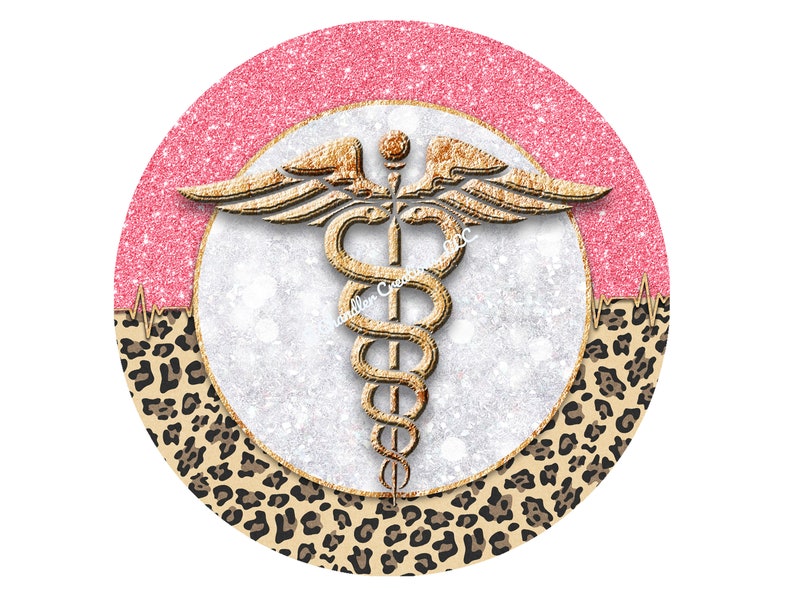 May include: A round sticker with a gold medical symbol on a white background. The background is surrounded by a pink glitter border and a leopard print border.