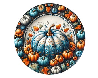 Teal Pumpkin Wreath Sign: Autumn Fall Metal Wreath Decor
