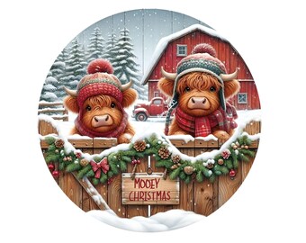 May include: A round Christmas-themed illustration featuring two Highland cows wearing hats and scarves, peeking over a wooden fence. The fence is decorated with a garland and a sign that reads "MOOEY CHRISTMAS". A red barn and truck are in the background.