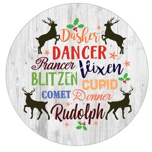 Dasher, Dancer, Prancer, Reindeer Wreath Sign, Santas Reindeer, Christmas Wreath Sign, Metal Wreath Sign, Round Wreath Sign, Wreath Signs image 1