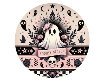 Spooky Ghost Wreath Sign: Black & Pink Halloween Decor
