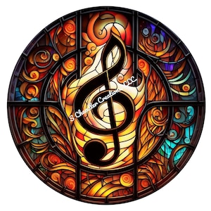 May include: A stained glass window design featuring a large black treble clef surrounded by intricate orange, yellow, and blue floral patterns. The text "S. Chandler Creation c.c.c." is visible in the lower right corner.