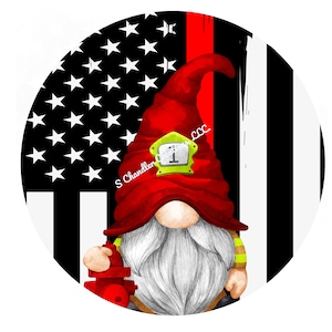 May include: A red and white gnome wearing a firefighter hat with a yellow badge that says "1" on it. The gnome is holding a red fire hydrant. The gnome is standing in front of an American flag with a red stripe.