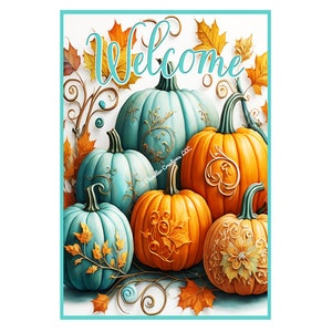 Teal Welcome Pumpkin Wreath Sign,Autumn Wreath Sign,Fall Wreath Sign,Round Wreath Sign,Metal Wreath Sign,Signs for Wreaths, Sublimation