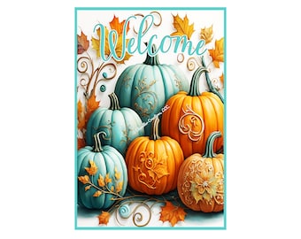 Teal Welcome Pumpkin Wreath Sign,Autumn Wreath Sign,Fall Wreath Sign,Round Wreath Sign,Metal Wreath Sign,Signs for Wreaths, Sublimation