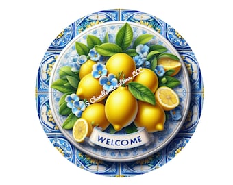 Welcome Lemon Wreath Sign: Round Metal Summer Wreath