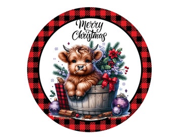 Merry Christmas Highland Cow Wreath Sign, Poinsettia Wreath Sign, Christmas Highland Cow, Christmas Wreath Sign, Metal Wreath Sign, Barrell