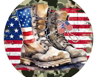 May include: A pair of brown leather boots with laces, set against a red, white, and blue American flag background with a camouflage pattern. The boots have dog tags with the American flag on them.