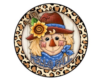 Scarecrow Wreath Sign,Hello Fall Wreath Sign, Autumn Wreath Sign, Metal Wreath Sign, Round Wreath Sign, Door Decor, Signs for Wreaths